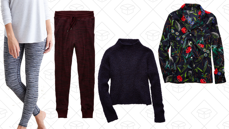 Hi-Rise Play Leggings, $35 | Textured Jogger, $40 | Boucle Turtleneck Sweater, $40 | Rise & Shine Satin PJ Top, $40